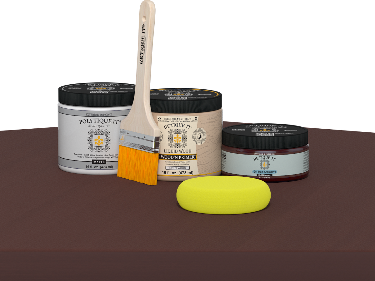 Retique It® Multi-purpose Smooth Finish Kit in Red Mahogany for exterior wood, includes top coat for a matte, smooth finish.