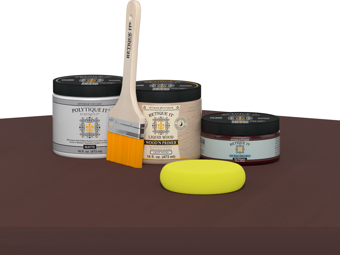 Retique It® Multi-purpose Smooth Finish Kit in Red Mahogany for exterior wood, includes top coat for a matte, smooth finish.