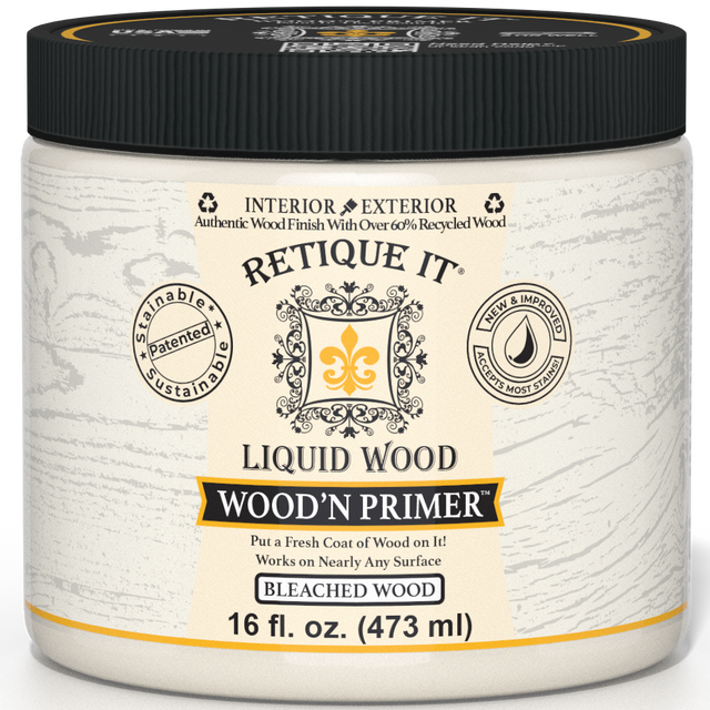 Retique It Liquid Wood Wood'n Primer in Bleached Wood finish, 16 fl oz, showcasing the primer bottle and application surface.