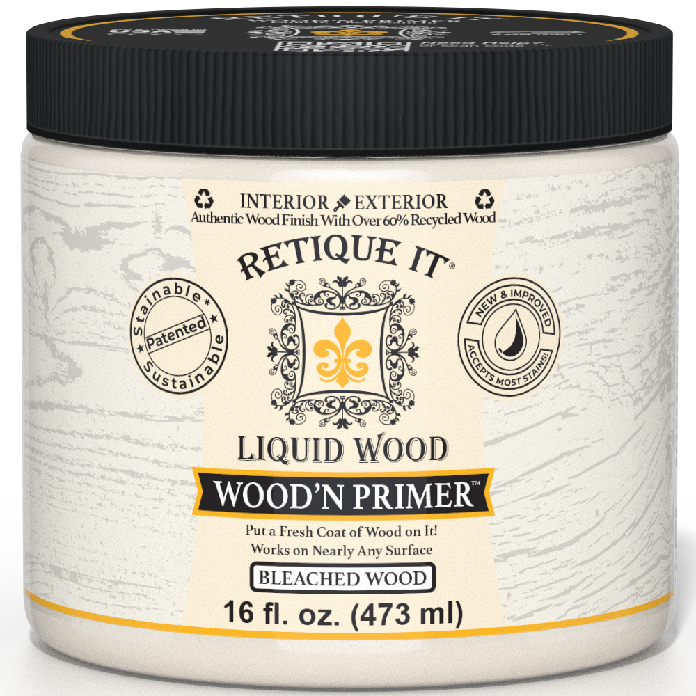 Retique It® Wood'n Primer in Bleached Wood, a primer for wood surfaces, showing a sample of the bleached wood finish.