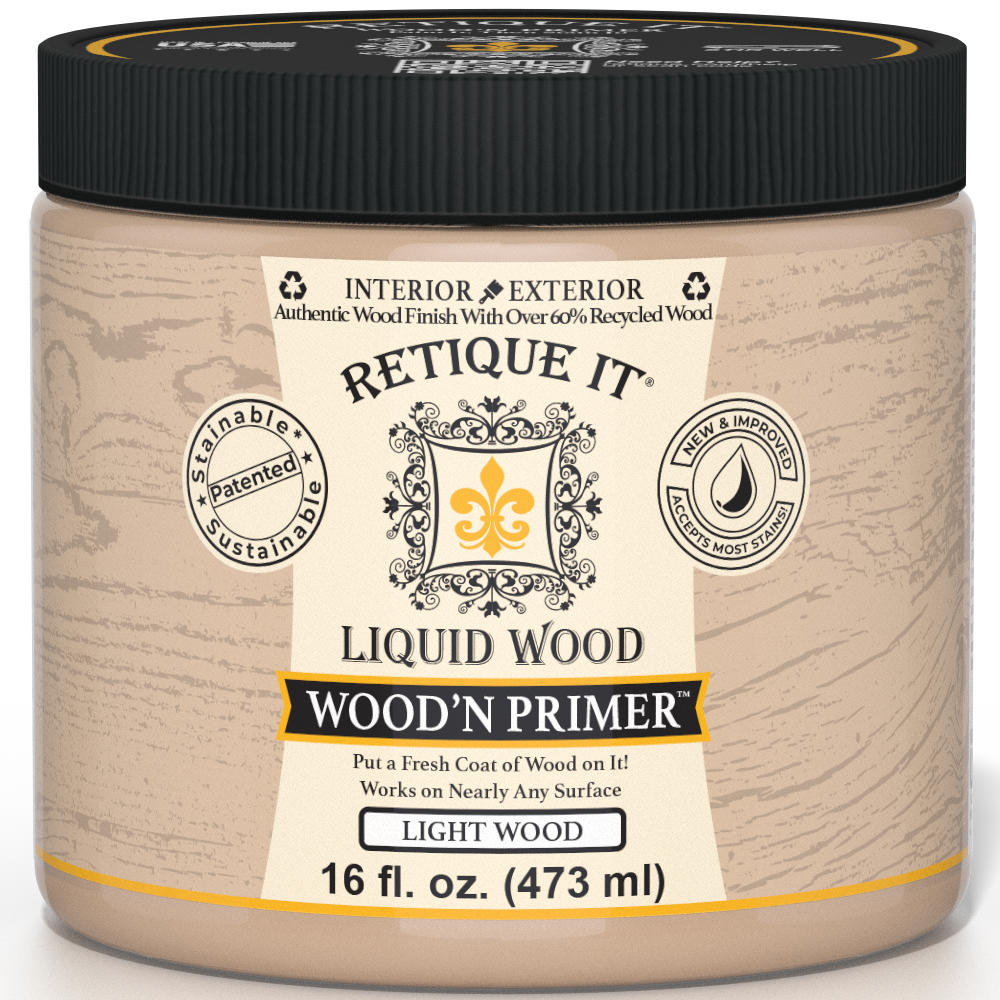 Retique It® Wood'n Primer for light wood surfaces, showing a primer-coated light wood plank ready for finishing.
