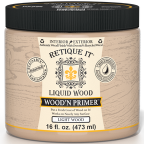 Retique It® Wood'n Primer for Light Wood, a primer bottle designed for preparing light wood surfaces for staining or painting.