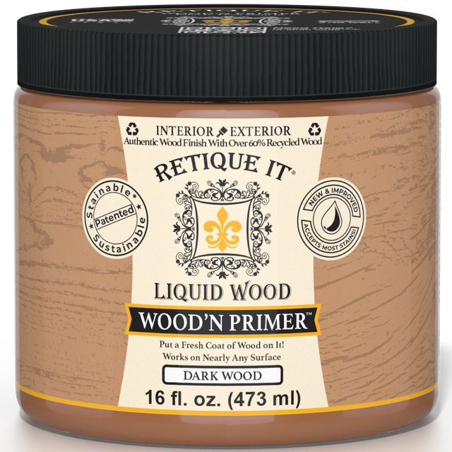 Retique It Liquid Wood Wood'n Primer in dark wood finish, 16 fl oz, showing the primer container with dark wood color sample.