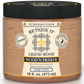 Retique It® Wood'n Primer in Dark Wood, a primer designed for dark wood surfaces, shown in a close-up image.