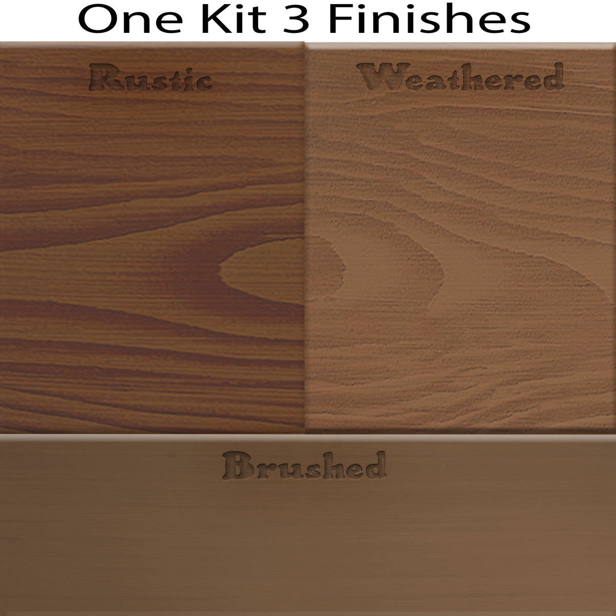 Swatch of Retique It Wood'n Finish Kit in Dark Oak showing four large samples of exterior top coat for wood surfaces.