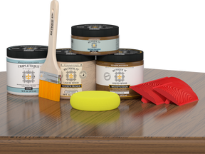 Dark oak wood finish kit from Retique It® with glossy interior top coat, includes application tools and sample wood surface.