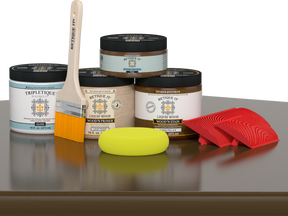 Retique It® Wood'n Finish Kit in Dark Pecan for interior wood projects, featuring a glossy top coat on a wooden surface.