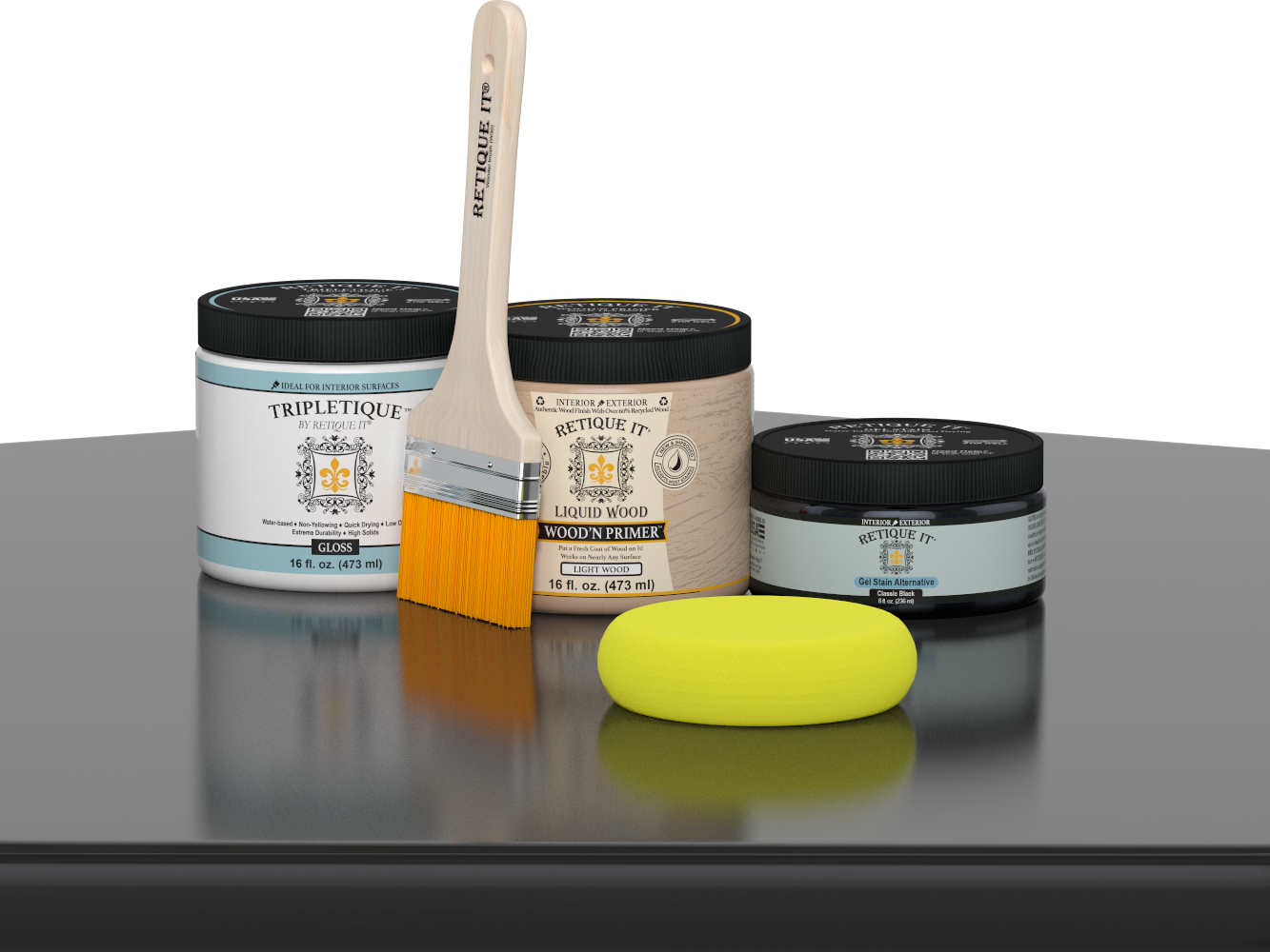 Retique It® Classic Black Brush-On Kit with Gloss TripleTique® includes a brush, Light Wood primer, Classic Black Gel Stain Alternative, Gloss TripleTique® top coat, and a yellow sponge.