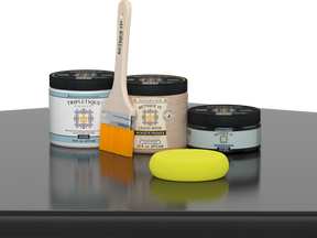 Retique It® Classic Black Brush-On Kit with Gloss TripleTique® includes a brush, Light Wood primer, Classic Black Gel Stain Alternative, Gloss TripleTique® top coat, and a yellow sponge.