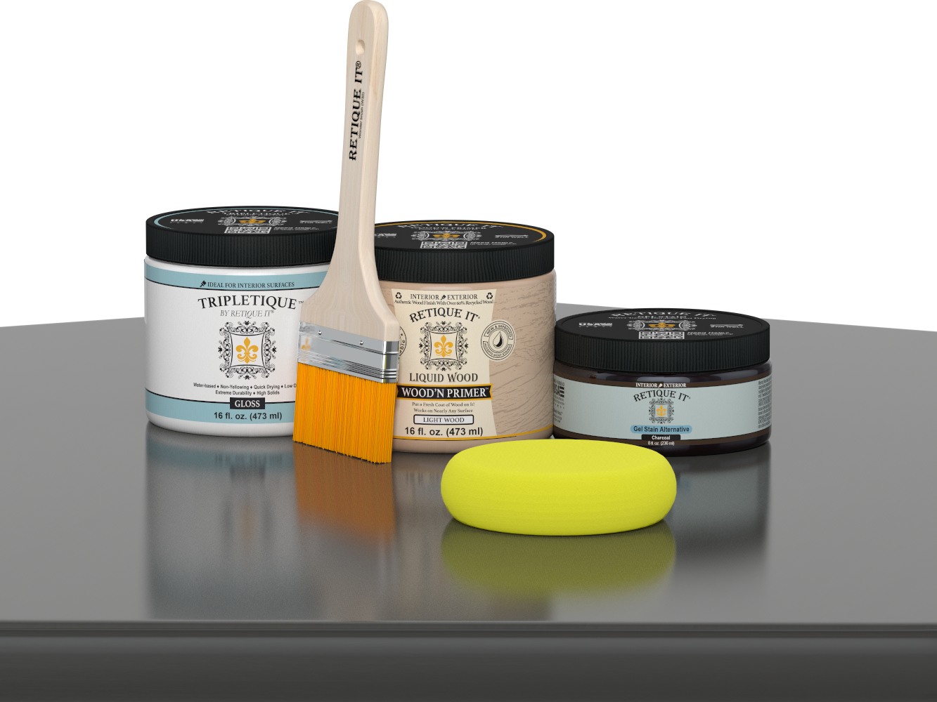 Retique It® Charcoal Brush-On Kit with Gloss TripleTique® includes a brush, Light Wood primer, Charcoal Gel Stain Alternative, Gloss TripleTique® top coat, and a yellow sponge.