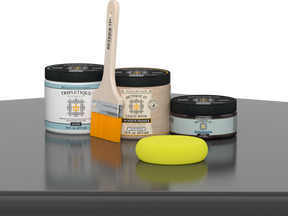 Retique It® Charcoal Brush-On Kit with Gloss TripleTique® includes a brush, Light Wood primer, Charcoal Gel Stain Alternative, Gloss TripleTique® top coat, and a yellow sponge.