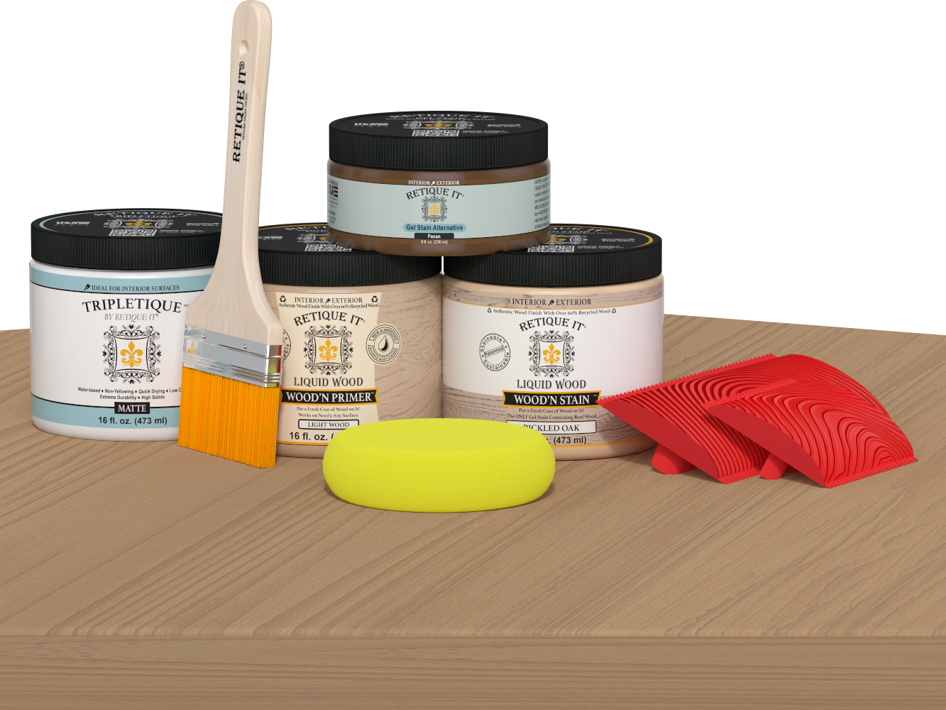 Retique It® Multi-purpose Wood'n Kit in Pickled Oak with matte finish, suitable for interior wood projects, shown on a table.