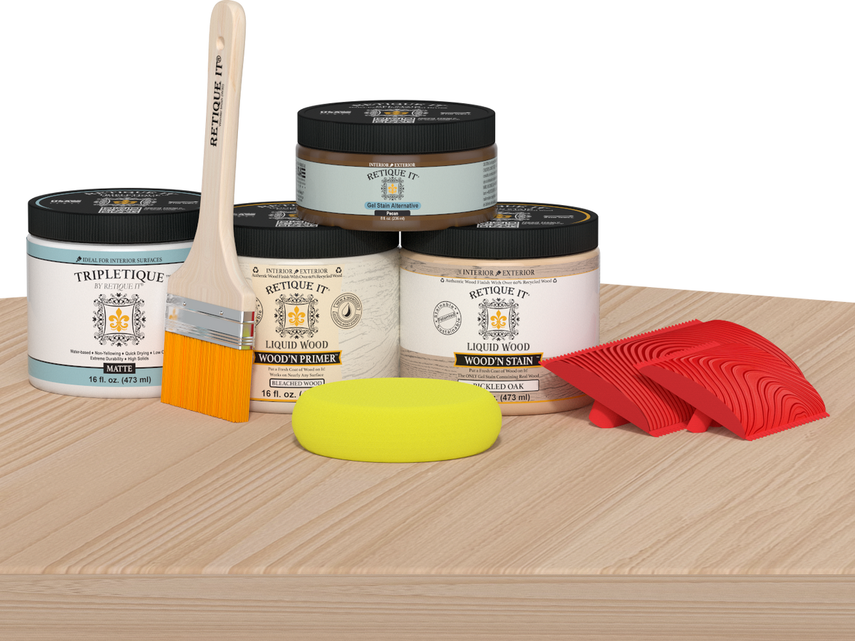 Retique It® white oak countertop kit with matte stain for kitchen islands, featuring natural wood grain and white oak finish.