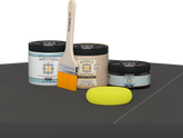 Retique It® Charcoal Brush-On Kit with Matte TripleTique® includes a brush, Light Wood primer, Charcoal Gel Stain Alternative, Matte TripleTique® top coat, and a yellow sponge.