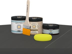 Retique It® Charcoal Brush-On Kit with Matte TripleTique® includes a brush, Light Wood primer, Charcoal Gel Stain Alternative, Matte TripleTique® top coat, and a yellow sponge.