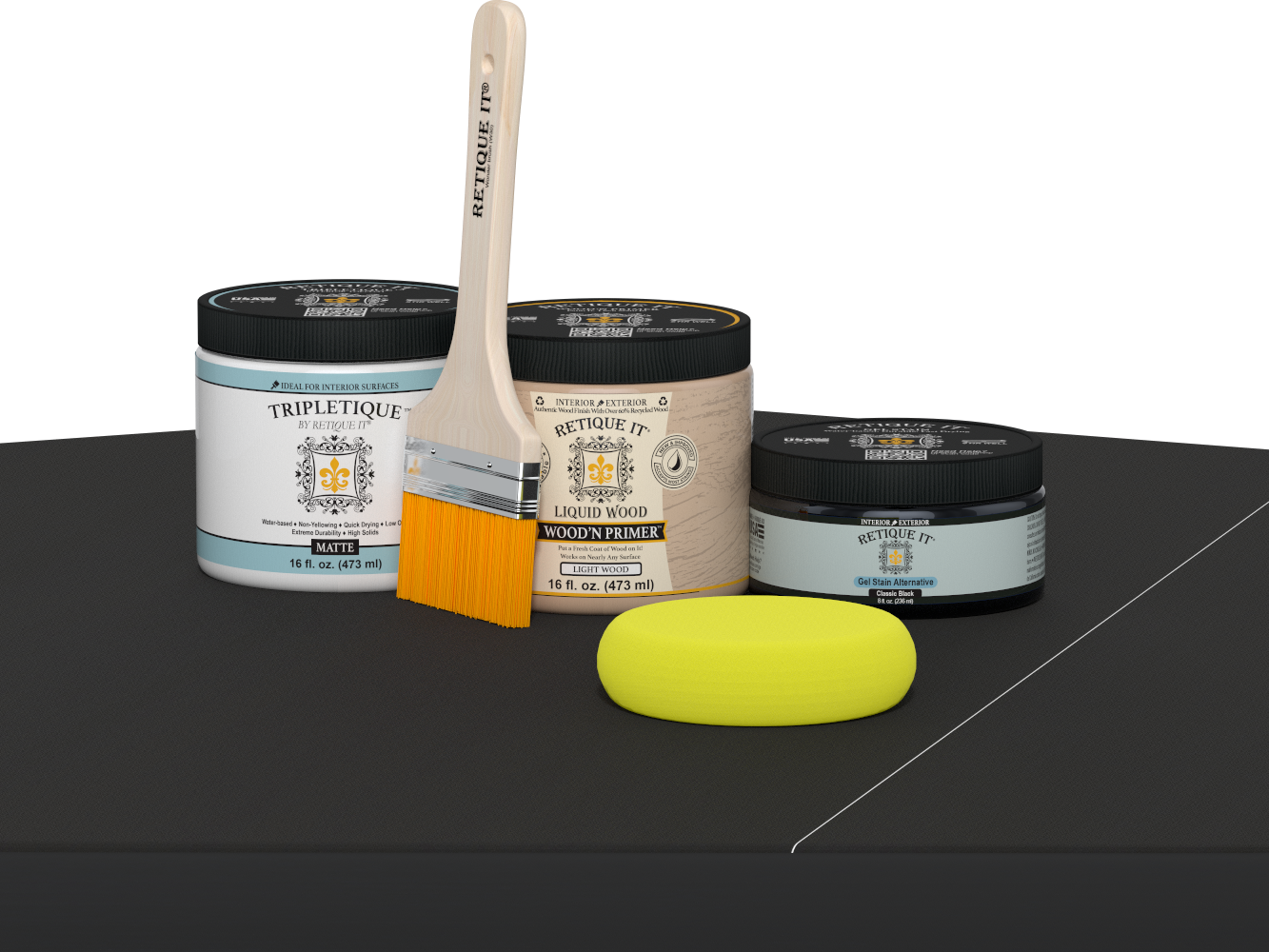 Retique It® Classic Black Brush-On Kit with Matte TripleTique® includes a brush, Light Wood primer, Classic Black Gel Stain Alternative, Matte TripleTique® top coat, and a yellow sponge.
