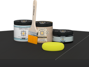 Retique It® Classic Black Brush-On Kit with Matte TripleTique® includes a brush, Light Wood primer, Classic Black Gel Stain Alternative, Matte TripleTique® top coat, and a yellow sponge.