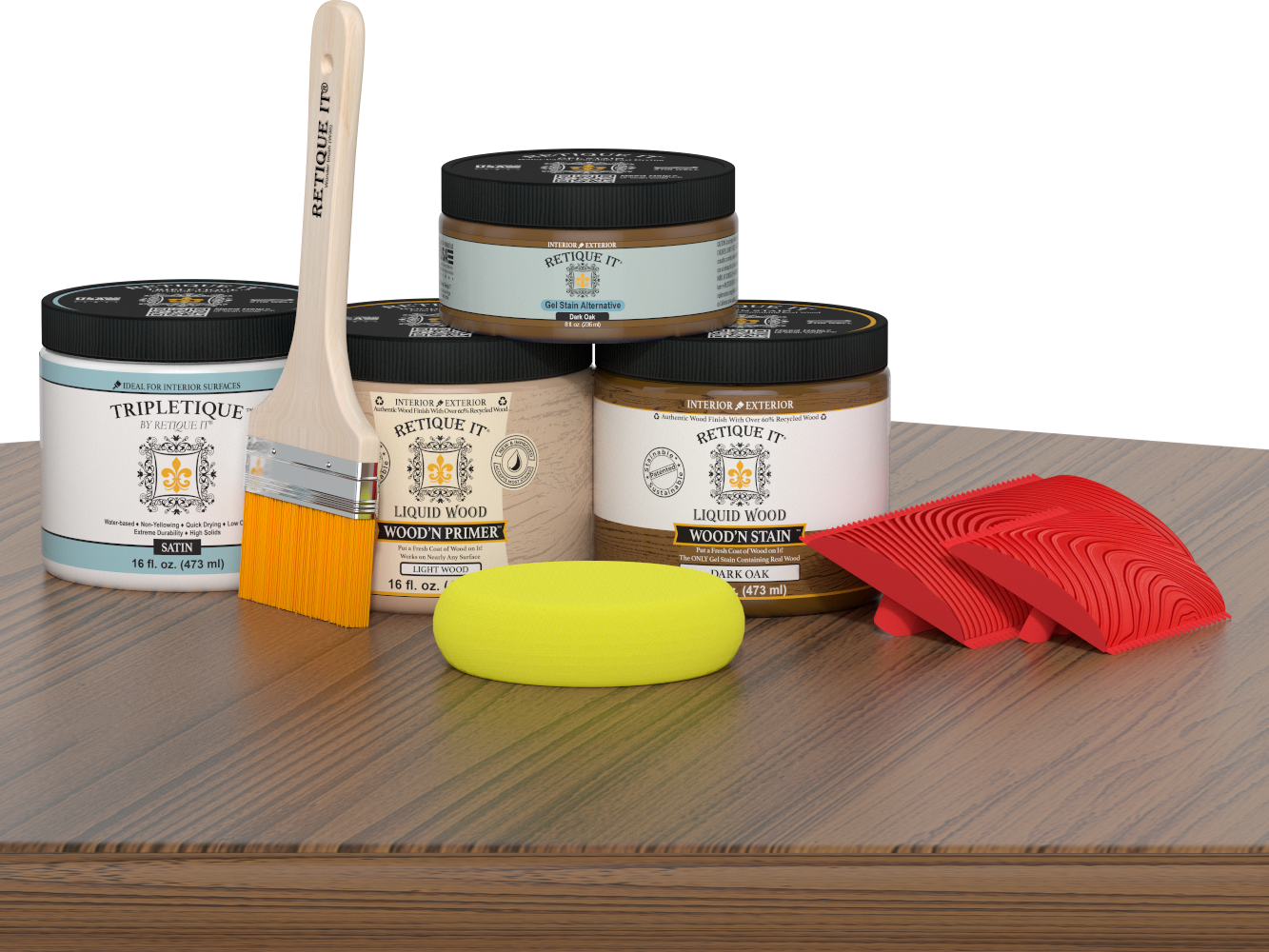 Retique It® Wood'n Finish Kit in Dark Oak, Medium, with satin top coat applied to a wooden table surface.