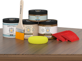 Retique It® Wood'n Finish Kit in Dark Oak, Medium, with satin top coat applied to a wooden table surface.