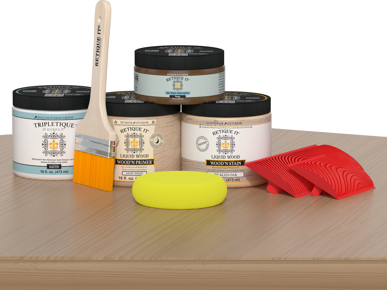 Retique It® Wood'n Finish Kit in Pickled Oak for interior wood projects, shown on a table with satin top coat finish.