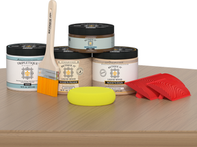 Retique It® Wood'n Finish Kit in Pickled Oak for interior wood projects, shown on a table with satin top coat finish.