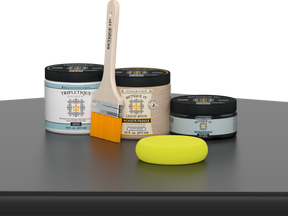 Retique It® Classic Black Brush-On Kit with Satin TripleTique® includes a brush, Light Wood primer, Classic Black Gel Stain Alternative, Satin TripleTique® top coat, and a yellow sponge.