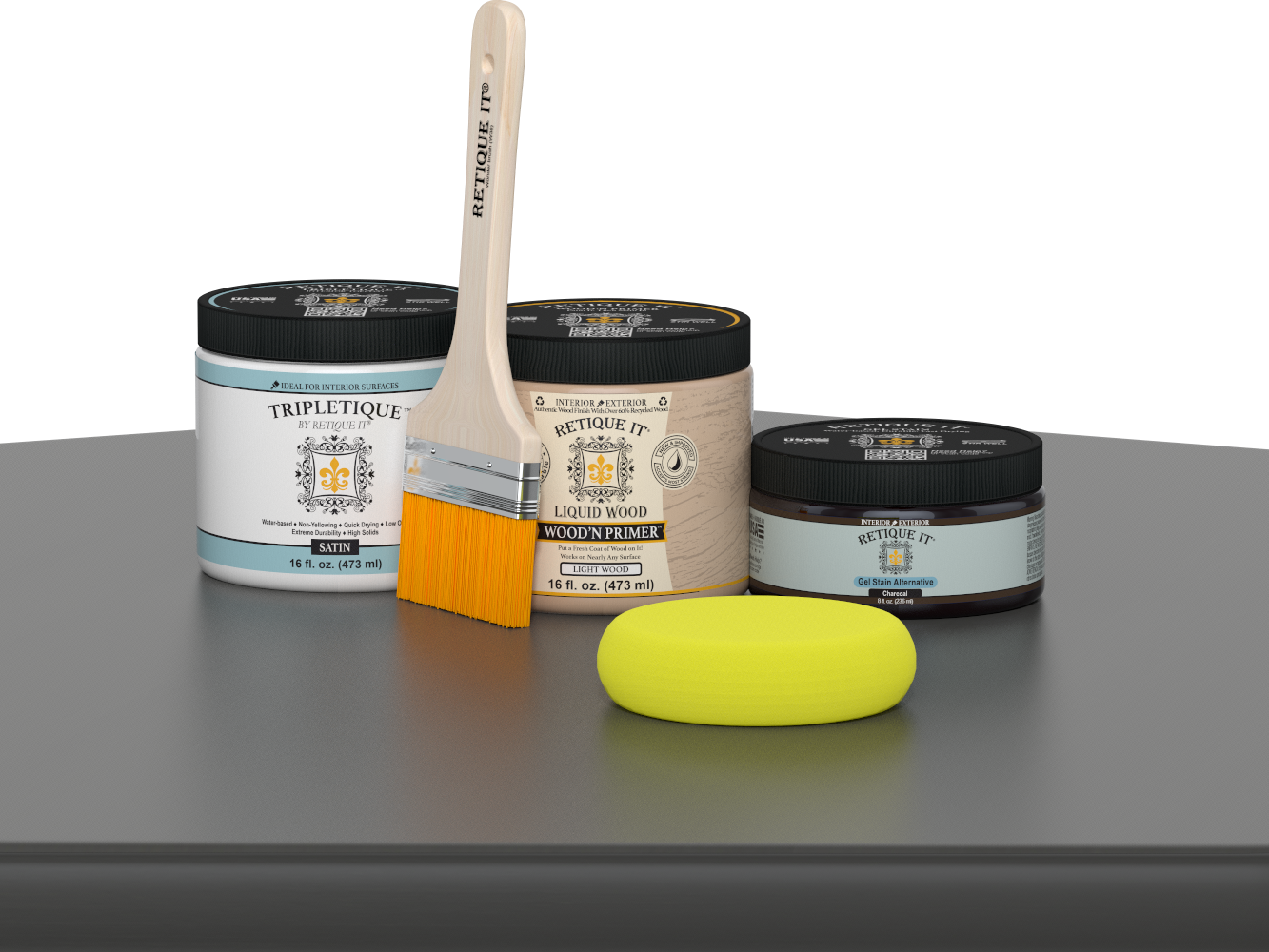 Retique It® Charcoal Brush-On Kit with Satin TripleTique® includes a brush, Light Wood primer, Charcoal Gel Stain Alternative, Satin TripleTique® top coat, and a yellow sponge.