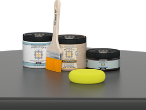 Retique It® Charcoal Brush-On Kit with Satin TripleTique® includes a brush, Light Wood primer, Charcoal Gel Stain Alternative, Satin TripleTique® top coat, and a yellow sponge.