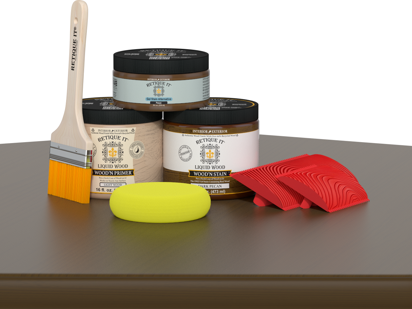 Retique It® Fireplace Wood'n Finish Kit in Dark Pecan stain, full fireplace wood finishing set with stain bottles and application tools.
