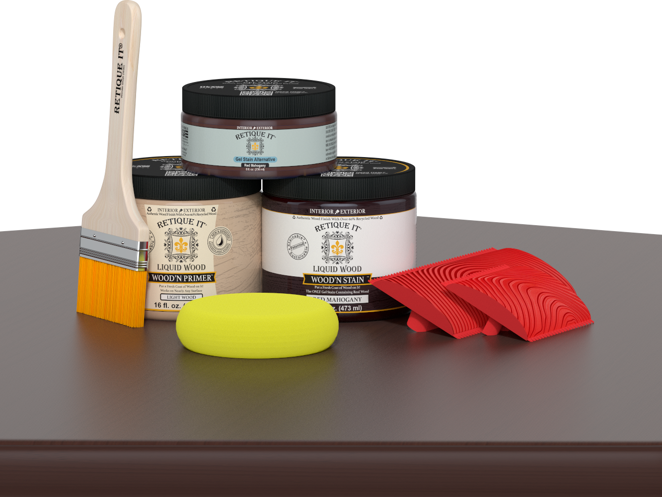 Red Mahogany Wood'n Finish Kit by Retique It® for multi-purpose wood finishing, shown with brushes and wood surfaces.