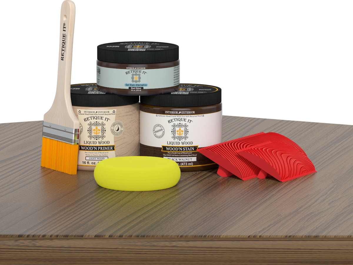 Retique It® Wood'n Finish Kit in Black Walnut, multi-purpose wood finishing set with brushes and tools on a wooden table.