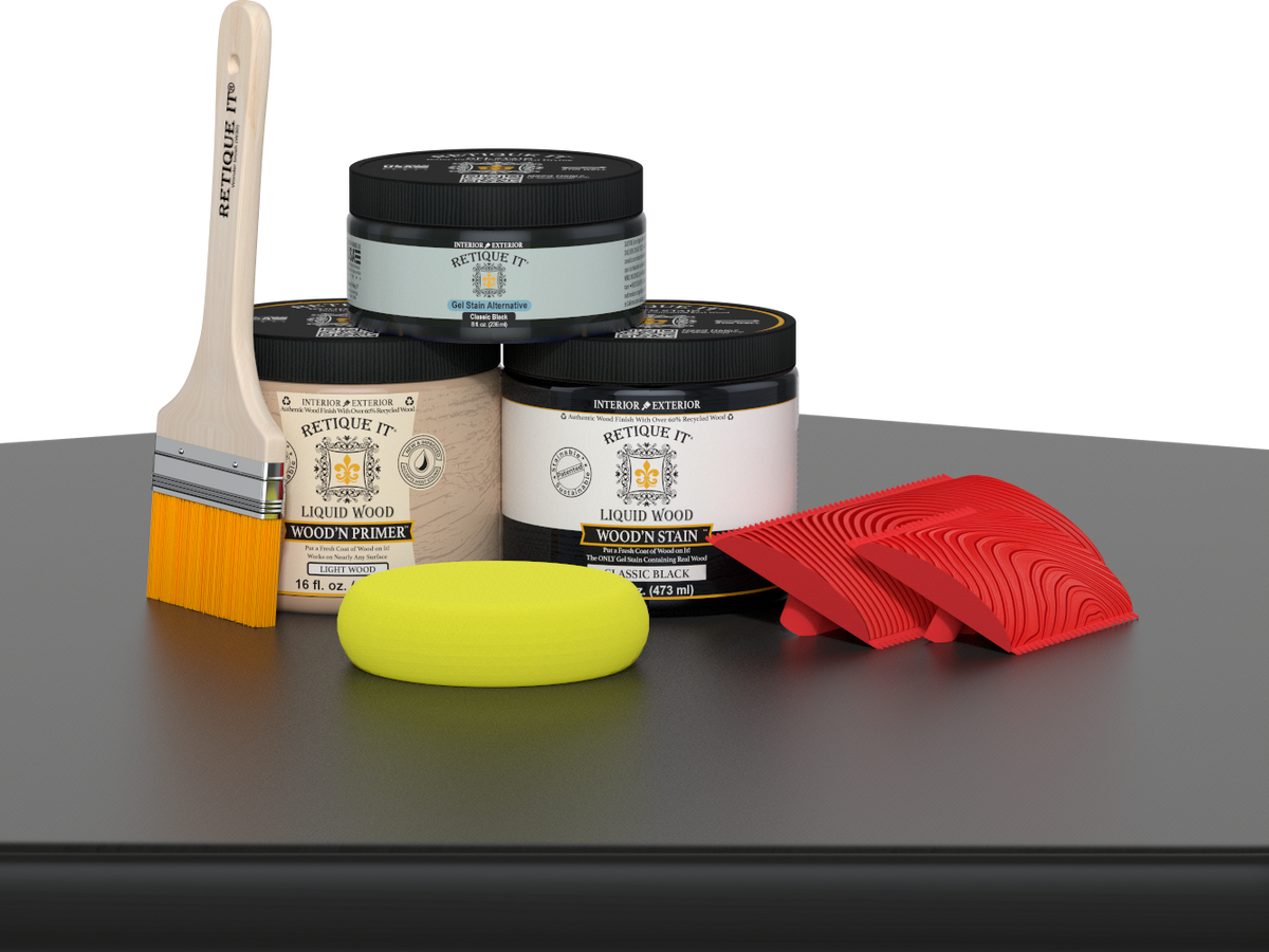 Retique It® Fireplace Wood'n Finish Kit in classic black stains a full fireplace with a smooth, dark black wood finish.