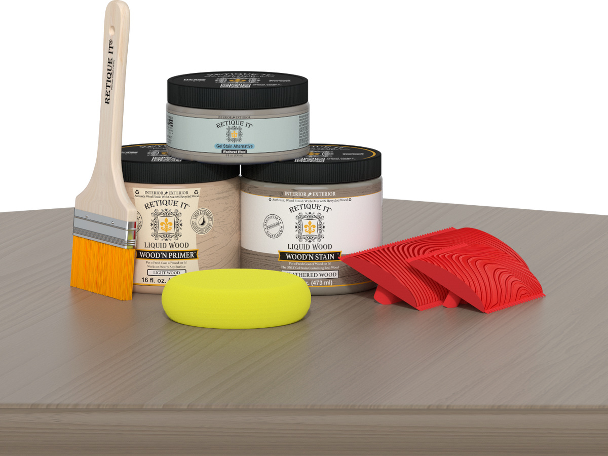 Retique It® Multi-purpose Wood'n Kit in Weathered Wood finish, featuring brushes and finishing tools for wood projects.
