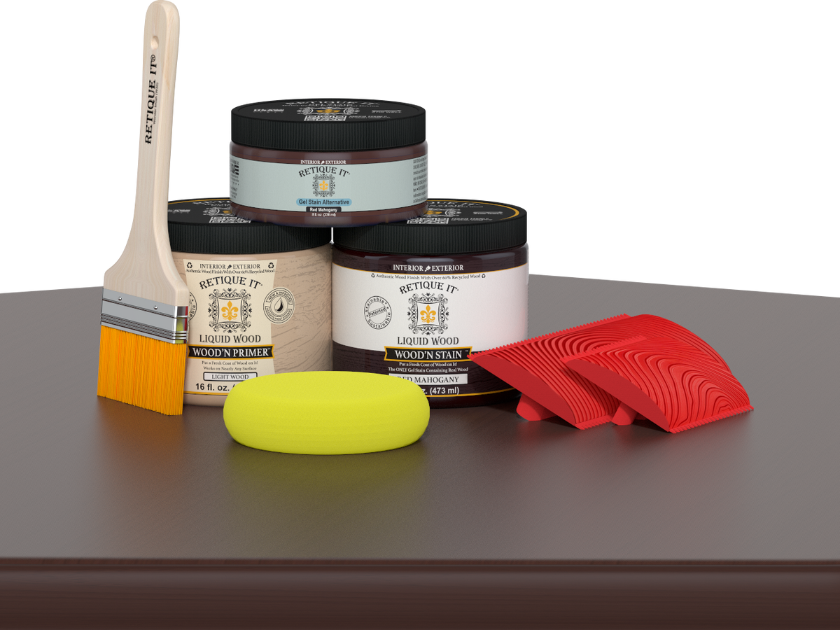 Retique It® Fireplace Wood'n Finish Kit in Red Mahogany stain showing the complete set for full fireplace finishing.