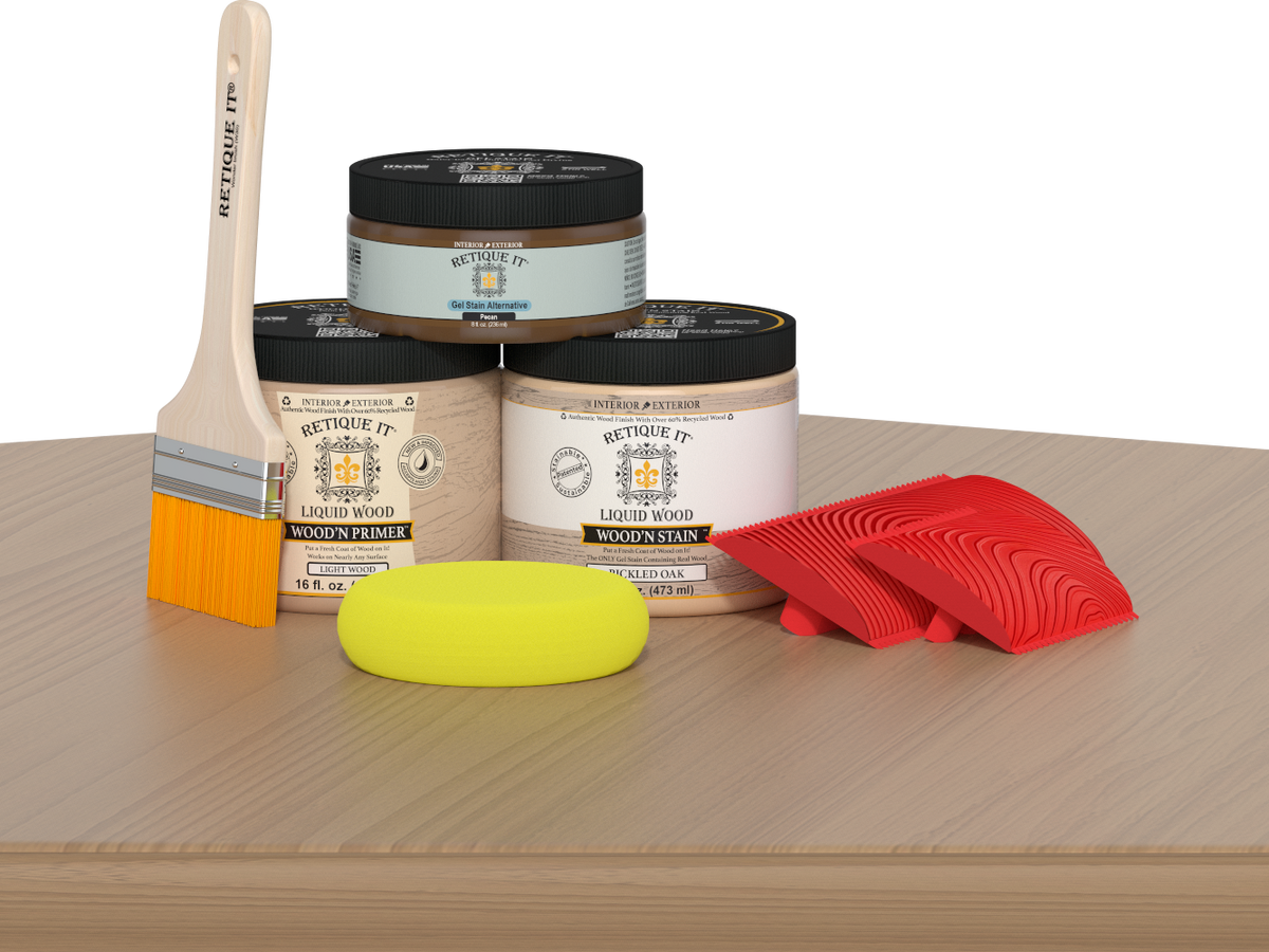 Retique It® Fireplace Wood'n Finish Kit in Pickled Oak stain for full fireplaces, showing wood stain application on a fireplace surface.