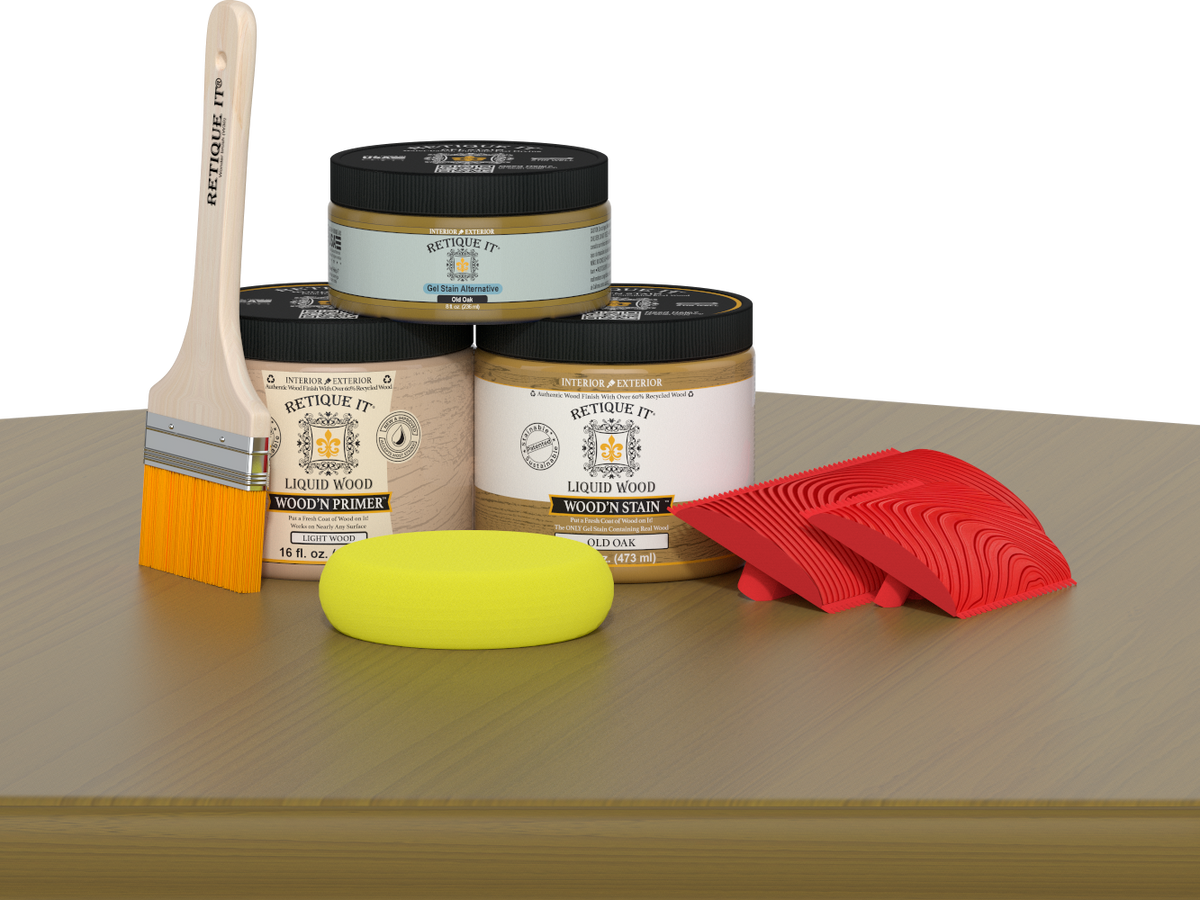 Retique It® Wood'n Finish Kit in Old Oak, a multi-purpose wood finishing set shown on a table surface.
