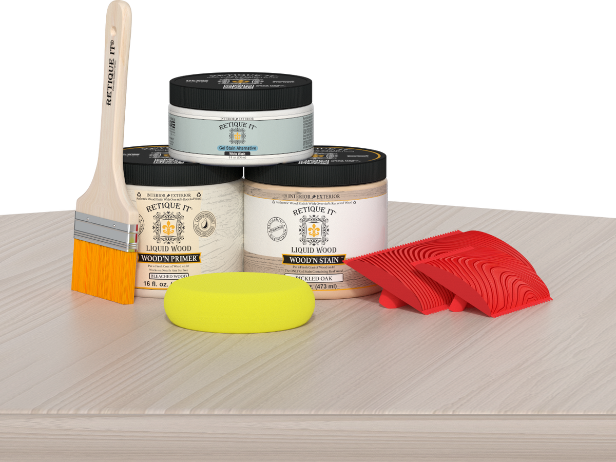 Retique It® Fireplace Wood'n Finish Kit for full fireplace in sun-bleached wood finish, includes tools and supplies.