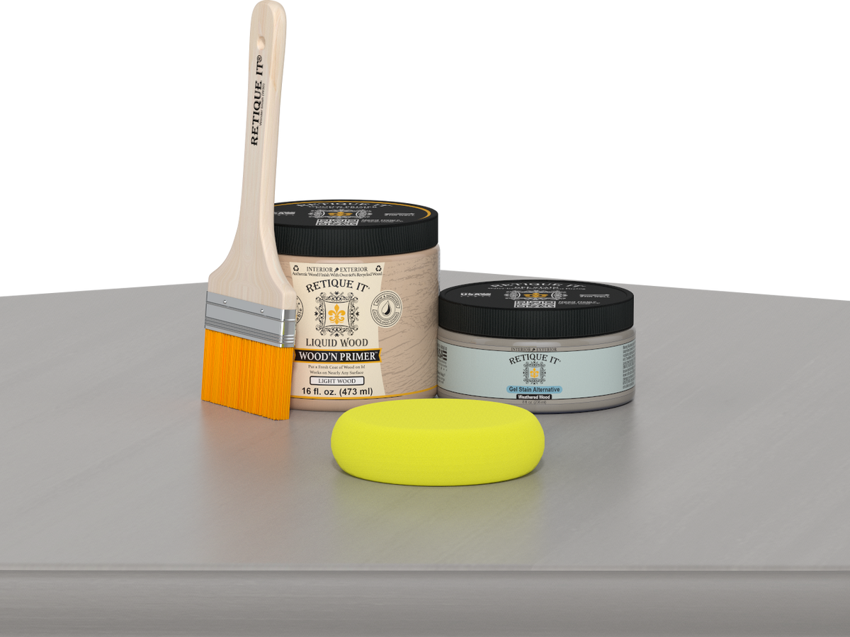 Retique It® Multi-purpose Smooth Finish Kit in Weathered Wood for wood furniture and surfaces, includes tools and finishing products.