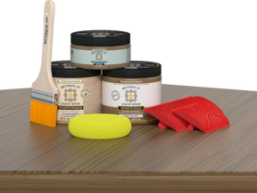 Retique It® Fireplace Wood'n Finish Kit for full fireplace in modern walnut stain, showing wood stain and finishing tools.