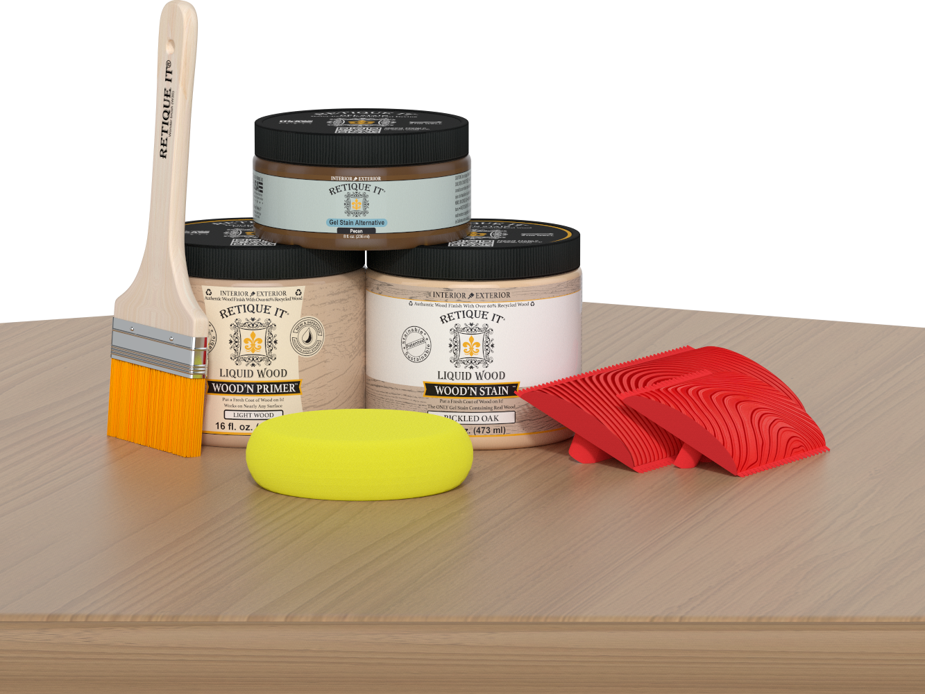 Retique It® Multi-purpose Wood'n Kit in Pickled Oak finish, showing the kit components and application tools for wood finishing.