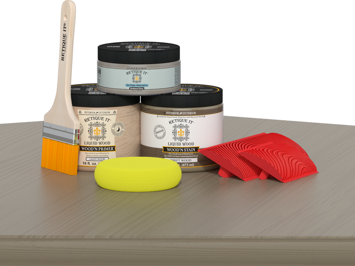 Retique It® Fireplace Wood'n Finish Kit for full fireplace, featuring driftwood stain and wood finish products.