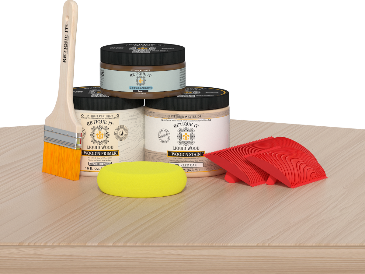 Retique It® Wood'n Kit in white oak finish, containing brushes and applicators for multi-purpose wood finishing projects.