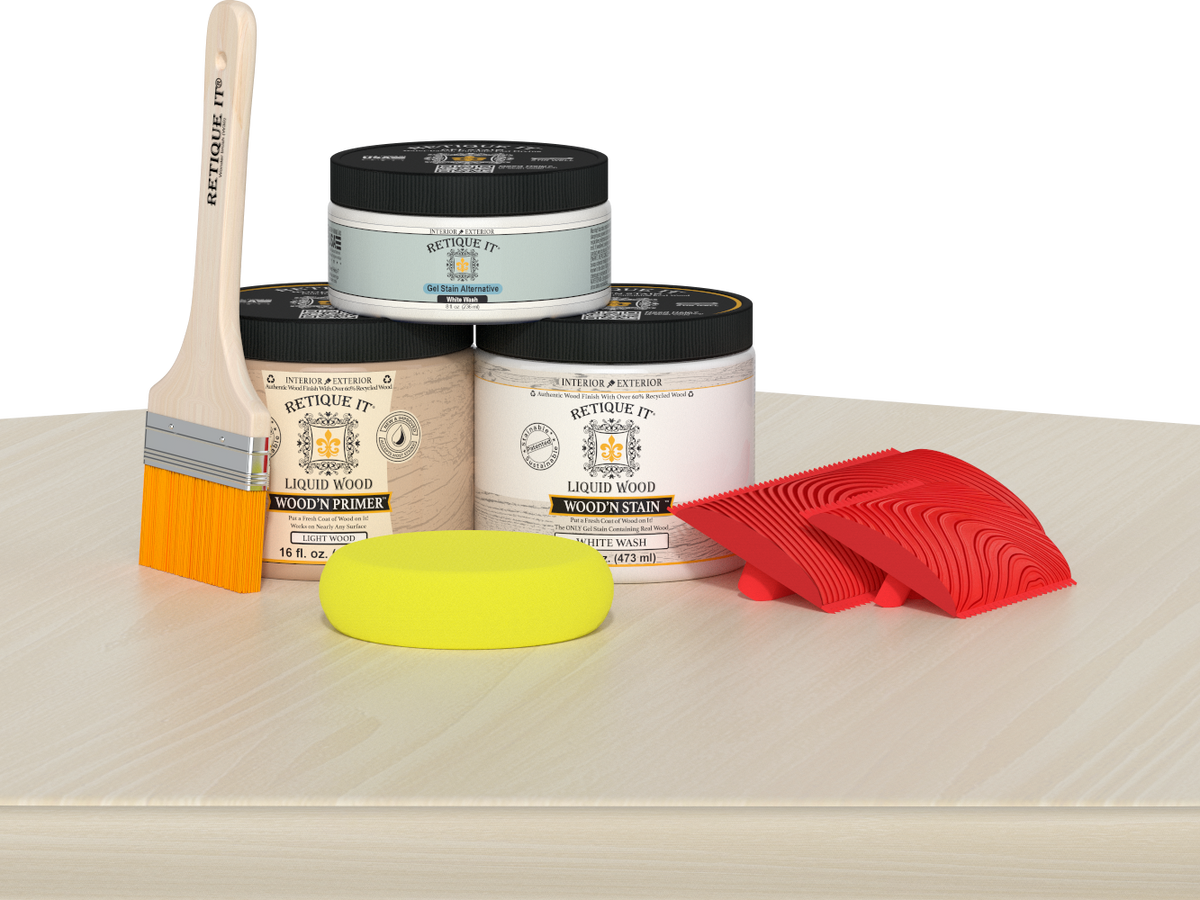 Retique It® Multi-purpose Wood'n Kit in White Wash for wood finishing, shown with application tools and sample wood surface.