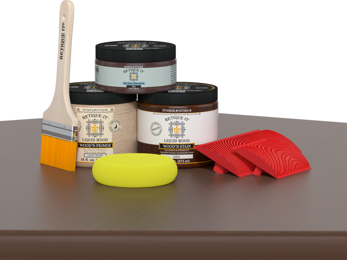Retique It® Fireplace Wood'n Finish Kit in Java for full fireplace staining, featuring wood stain and finishing supplies.