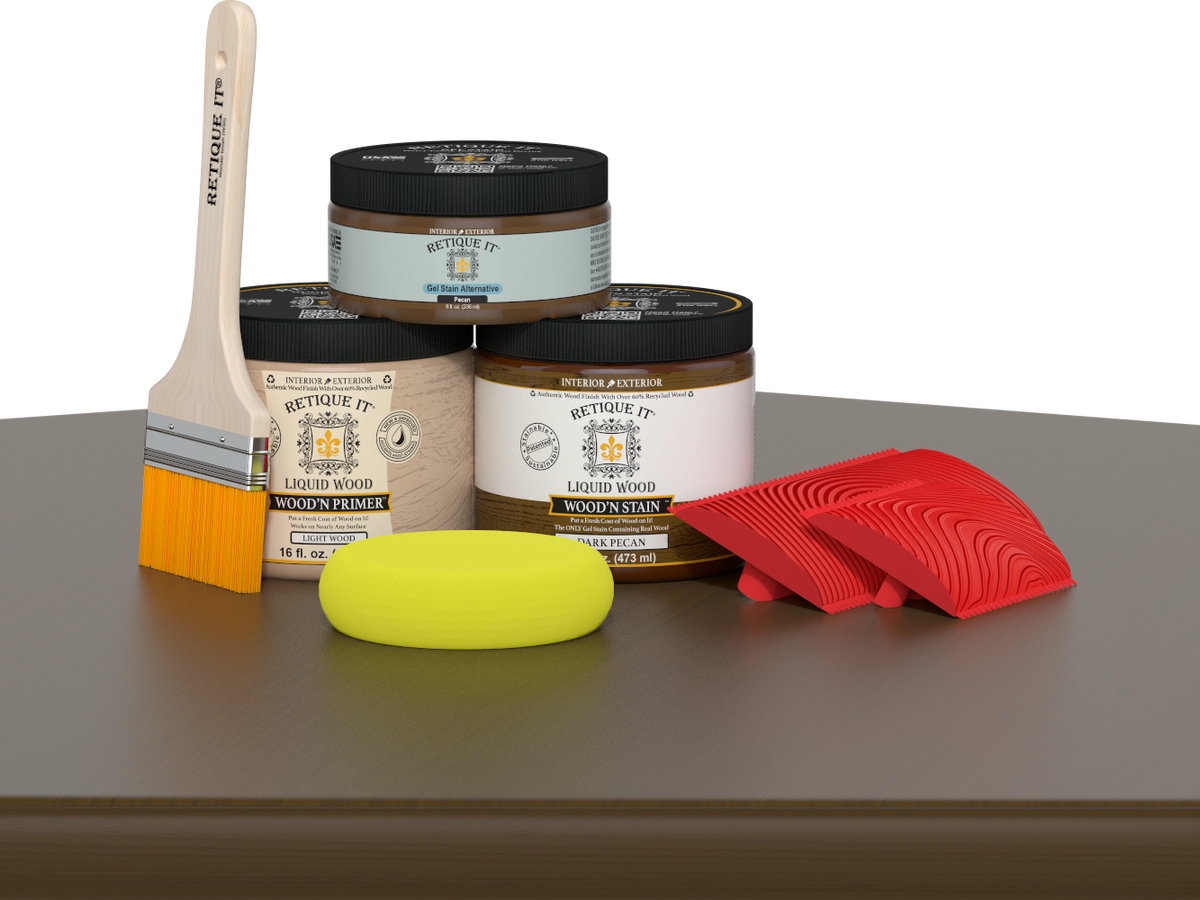 Retique It® Wood'n Finish Kit in Dark Pecan, multi-purpose wood finishing set with brushes and accessories for furniture projects.