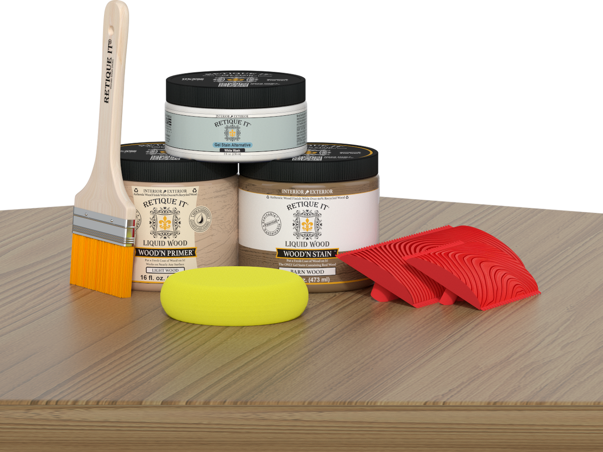 Retique It® Wood'n Finish Kit in French oak for multi-purpose wood finishing, shown with applicator tools and wood surface.