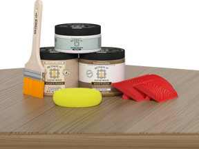 Retique It® Wood'n Finish Kit in French oak for multi-purpose wood finishing, shown with applicator tools and wood surface.
