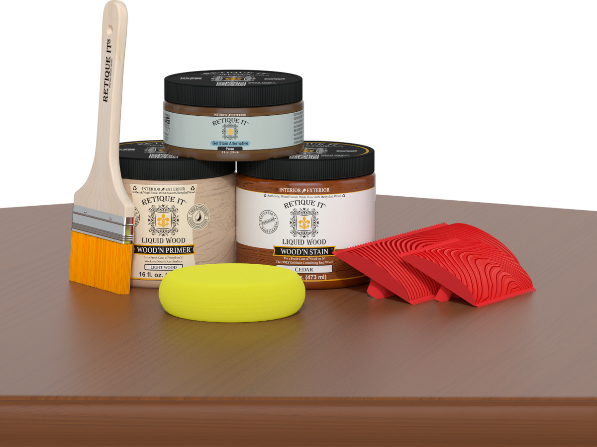 Retique It® Wood'n Finish Kit in Cedar for multi-purpose wood finishing, shown with brushes and finishing supplies.