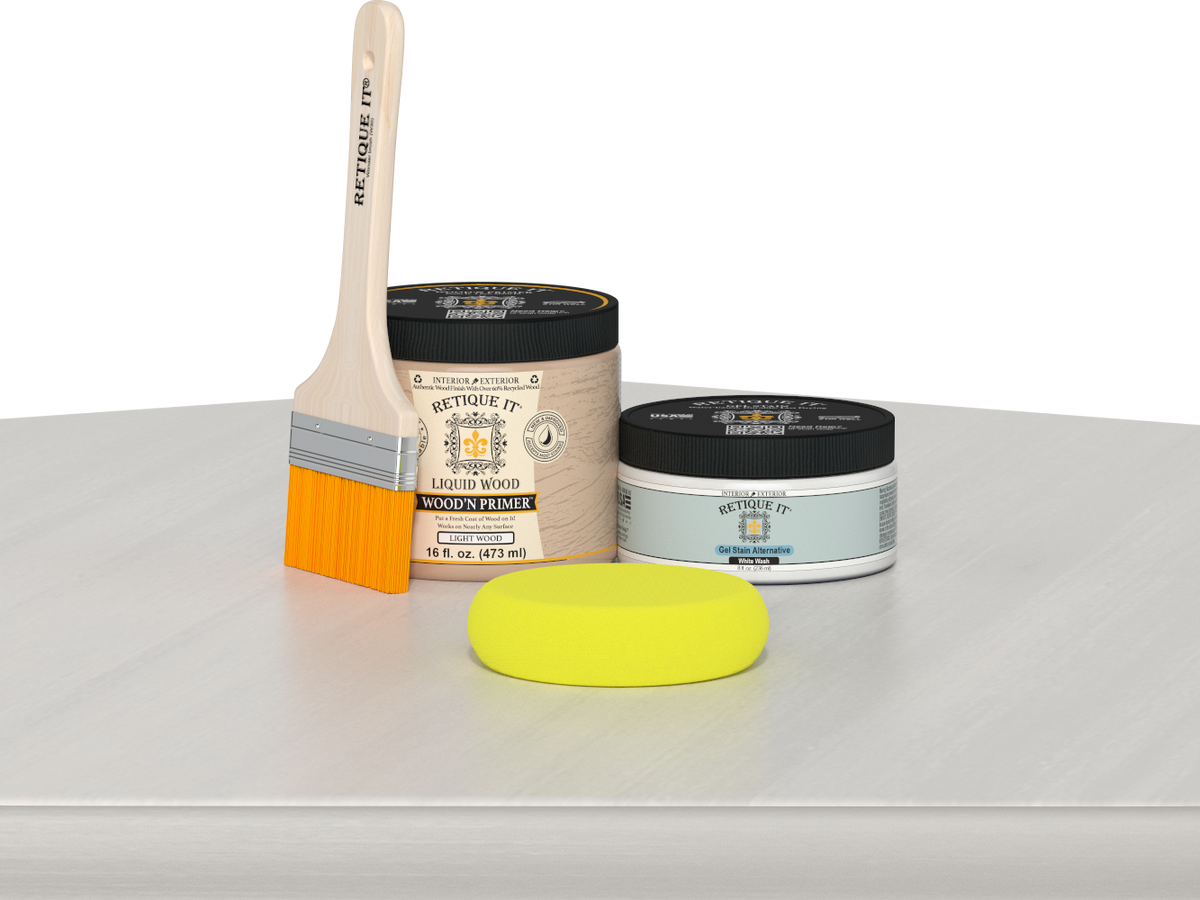 Retique It® Multi-purpose Smooth Finish Kit in White Wash for wood furniture, featuring brushes and finishing tools.