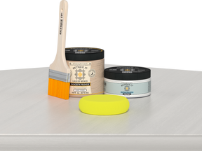 Retique It® Multi-purpose Smooth Finish Kit in White Wash for wood furniture, featuring brushes and finishing tools.